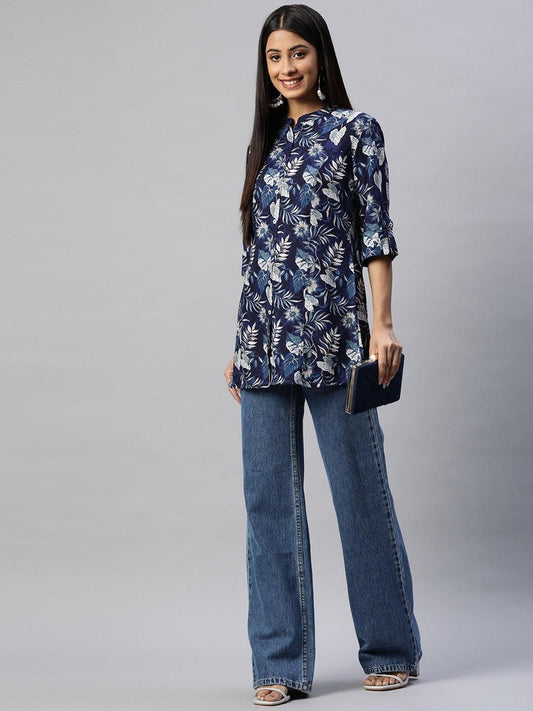 Navy Blue Rayon Printed Top | LASVINI - Redefining Indian Fashion with Elegance