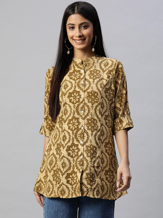 Coffee Brown Floral Rayon A-Line Shirts Style Top | LASVINI - Redefining Indian Fashion with Elegance