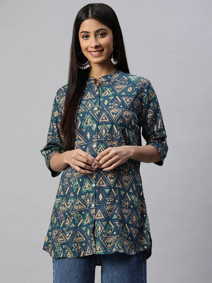 Navy Blue Cross Rayon A-Line Shirts Style Top | LASVINI - Redefining Indian Fashion with Elegance