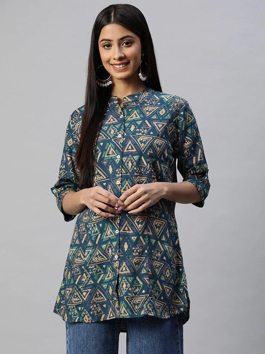 Navy Blue Cross Rayon A-Line Shirts Style Top | LASVINI - Redefining Indian Fashion with Elegance