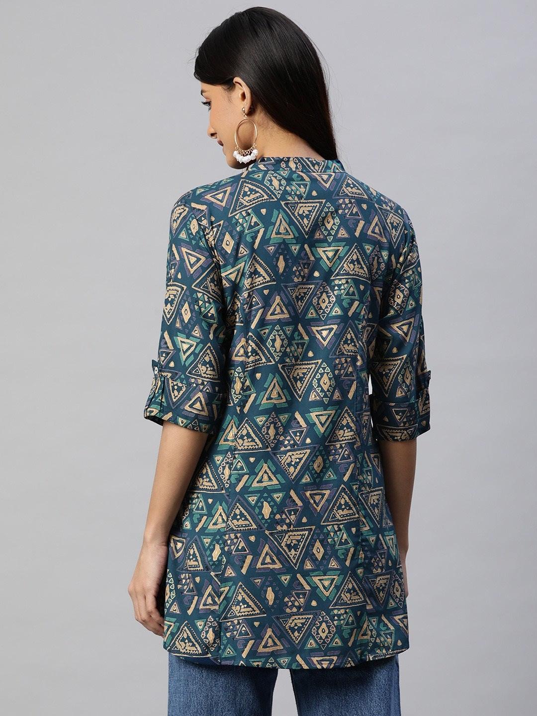 Navy Blue Cross Rayon A-Line Shirts Style Top | LASVINI - Redefining Indian Fashion with Elegance