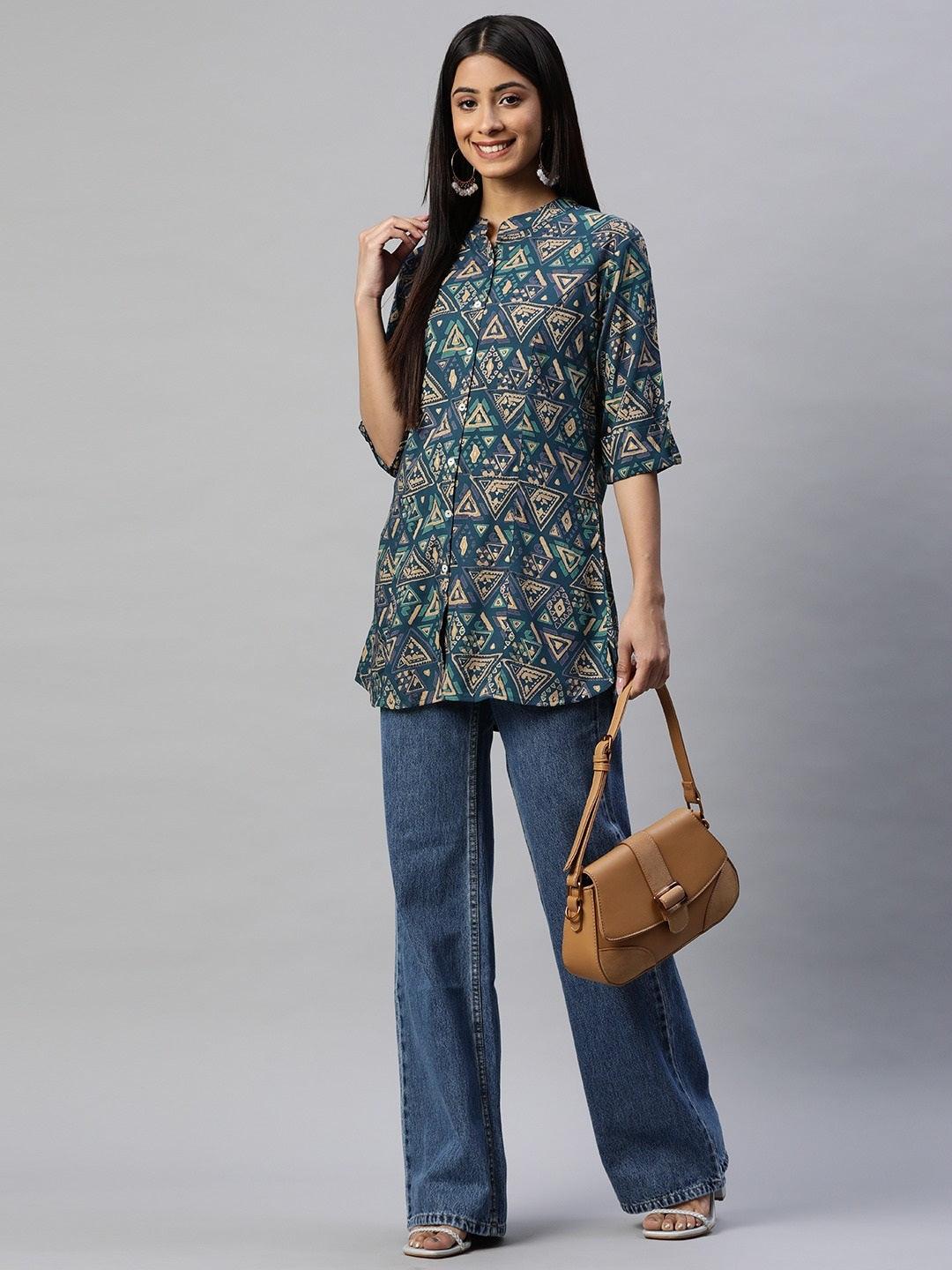 Navy Blue Cross Rayon A-Line Shirts Style Top | LASVINI - Redefining Indian Fashion with Elegance