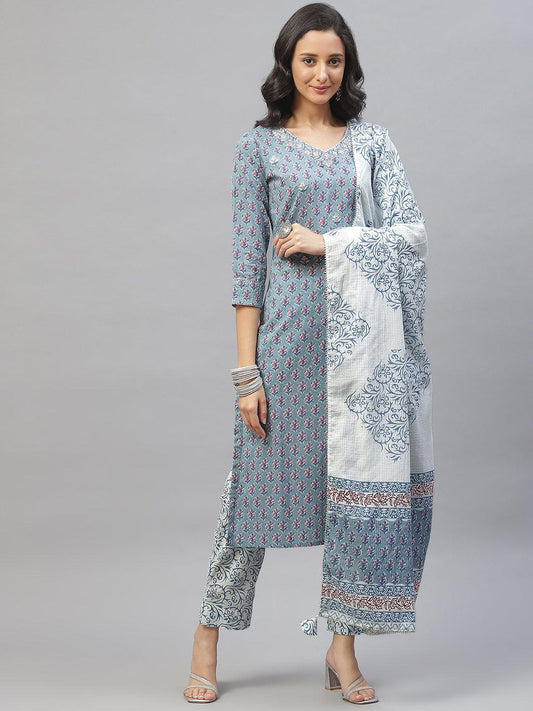 Turquoise Blue Cotton Floral Printed Kurta Pant Set With Dupatta | LASVINI - Redefining Indian Fashion with Elegance
