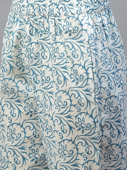 Turquoise Blue Cotton Floral Printed Kurta Pant Set With Dupatta | LASVINI - Redefining Indian Fashion with Elegance