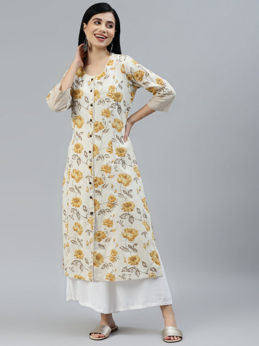Floral Print Yellow Cotton A-Line Kurta | LASVINI - Redefining Indian Fashion with Elegance