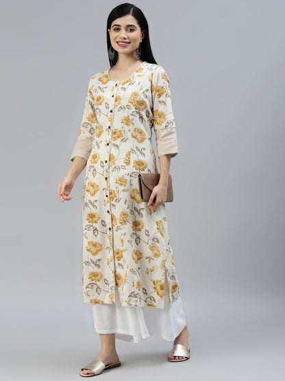 Floral Print Yellow Cotton A-Line Kurta | LASVINI - Redefining Indian Fashion with Elegance