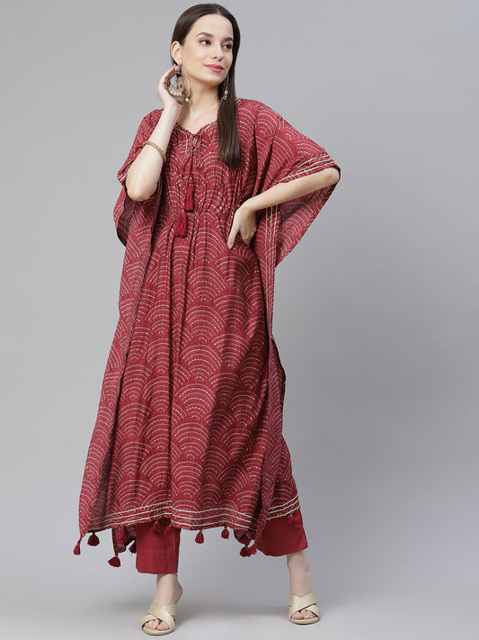 Women'S Maroon Rayon Bandhej Kaftan Pant Set | LASVINI - Redefining Indian Fashion with Elegance