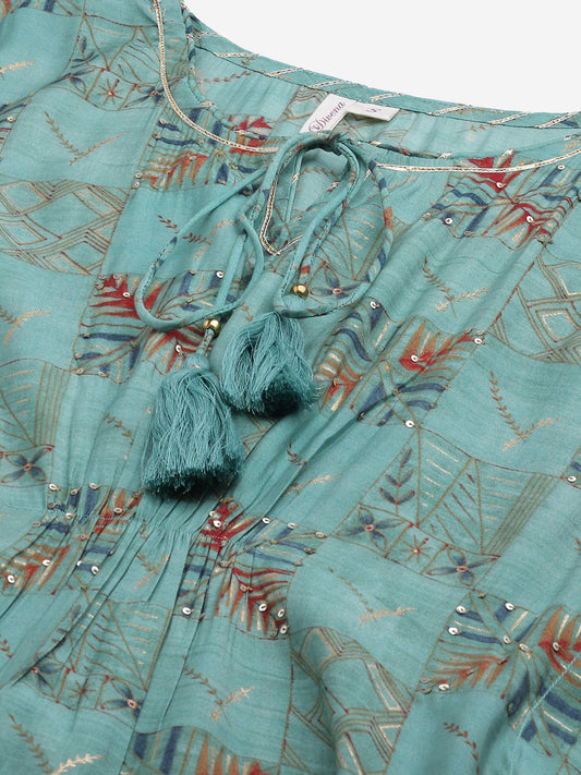 Women'S Turquoise Green Rayon Kaftan Pant Set | LASVINI - Redefining Indian Fashion with Elegance