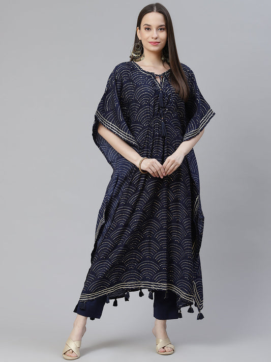 Women'S Blue Rayon Bandhej Kaftan Pant Set | LASVINI - Redefining Indian Fashion with Elegance