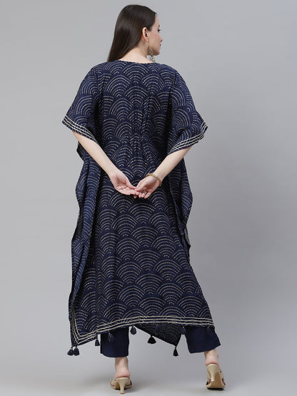Women'S Blue Rayon Bandhej Kaftan Pant Set | LASVINI - Redefining Indian Fashion with Elegance