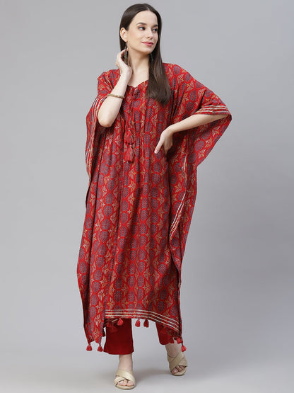 Women'S Red Rayon Floral Kaftan Pant Set | LASVINI - Redefining Indian Fashion with Elegance