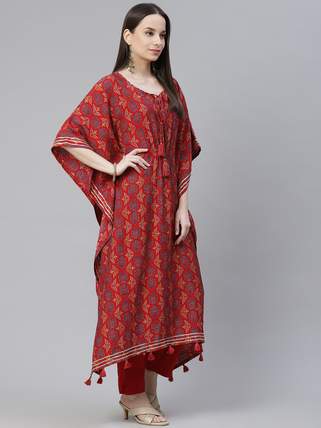 Women'S Red Rayon Floral Kaftan Pant Set | LASVINI - Redefining Indian Fashion with Elegance