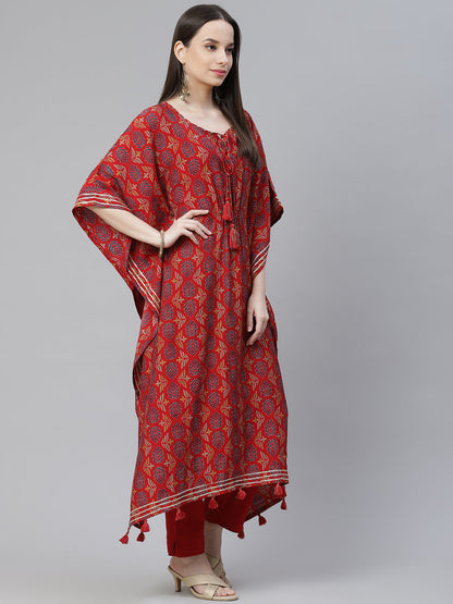 Women'S Red Rayon Floral Kaftan Pant Set | LASVINI - Redefining Indian Fashion with Elegance