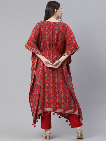 Women'S Red Rayon Floral Kaftan Pant Set | LASVINI - Redefining Indian Fashion with Elegance