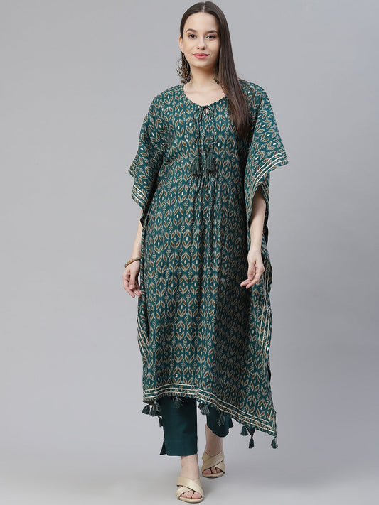 Women'S Green Rayon Floral Kaftan Pant Set | LASVINI - Redefining Indian Fashion with Elegance