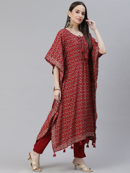 Women'S Maroon Rayon Floral Kaftan Pant Set | LASVINI - Redefining Indian Fashion with Elegance