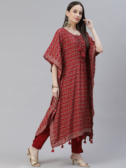 Women'S Maroon Rayon Floral Kaftan Pant Set | LASVINI - Redefining Indian Fashion with Elegance