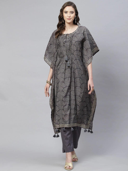 Grey Modal Bandhej Kaftan Pant Set | LASVINI - Redefining Indian Fashion with Elegance