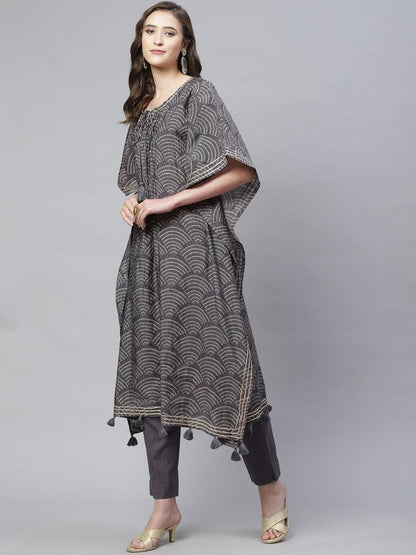 Grey Modal Bandhej Kaftan Pant Set | LASVINI - Redefining Indian Fashion with Elegance