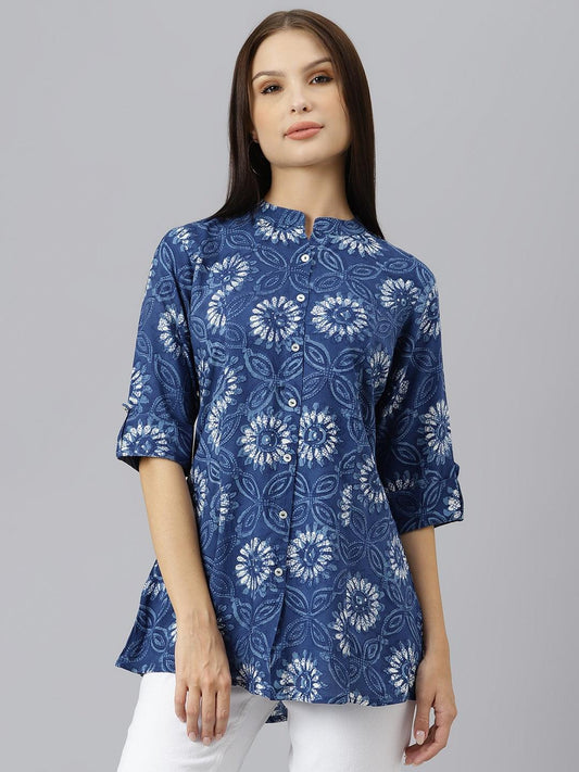 Blue Floral Rayon A-Line Shirts Style Top | LASVINI - Redefining Indian Fashion with Elegance