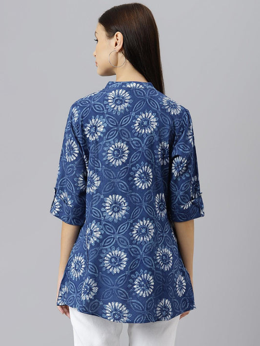 Blue Floral Rayon A-Line Shirts Style Top | LASVINI - Redefining Indian Fashion with Elegance