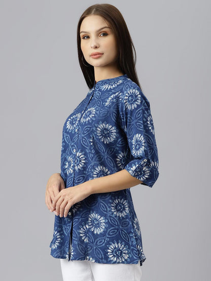 Blue Floral Rayon A-Line Shirts Style Top | LASVINI - Redefining Indian Fashion with Elegance