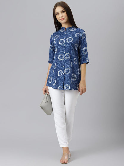 Blue Floral Rayon A-Line Shirts Style Top | LASVINI - Redefining Indian Fashion with Elegance