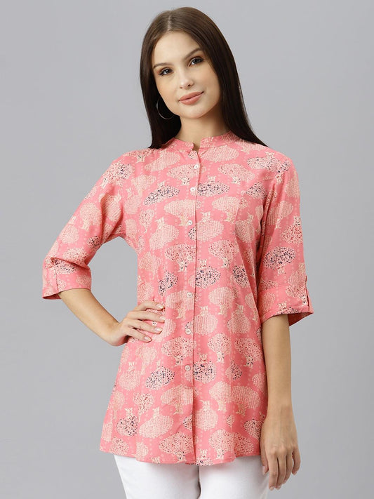 Peach Floral Rayon A-Line Shirts Style Top | LASVINI - Redefining Indian Fashion with Elegance