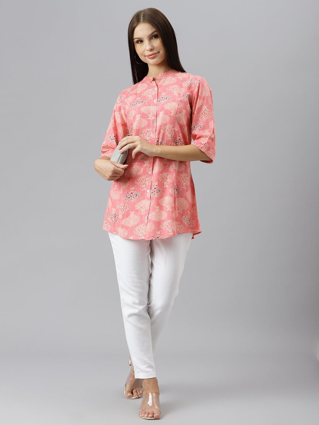 Peach Floral Rayon A-Line Shirts Style Top | LASVINI - Redefining Indian Fashion with Elegance