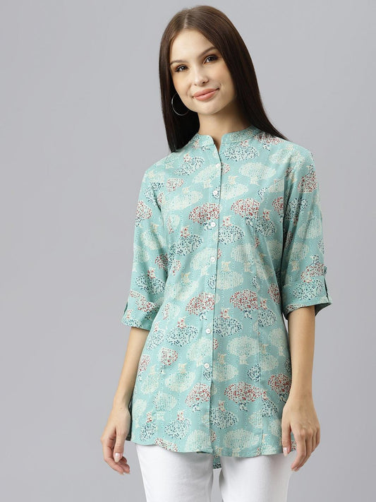 Sea Green Floral Rayon A-Line Shirts Style Top | LASVINI - Redefining Indian Fashion with Elegance