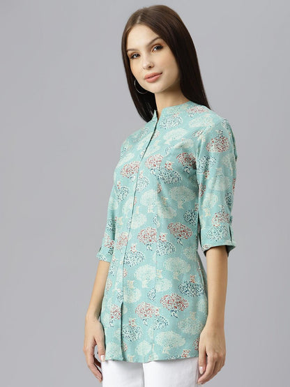 Sea Green Floral Rayon A-Line Shirts Style Top | LASVINI - Redefining Indian Fashion with Elegance