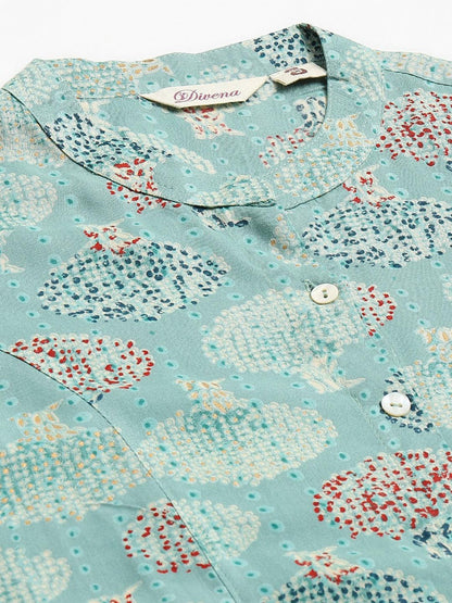 Sea Green Floral Rayon A-Line Shirts Style Top | LASVINI - Redefining Indian Fashion with Elegance