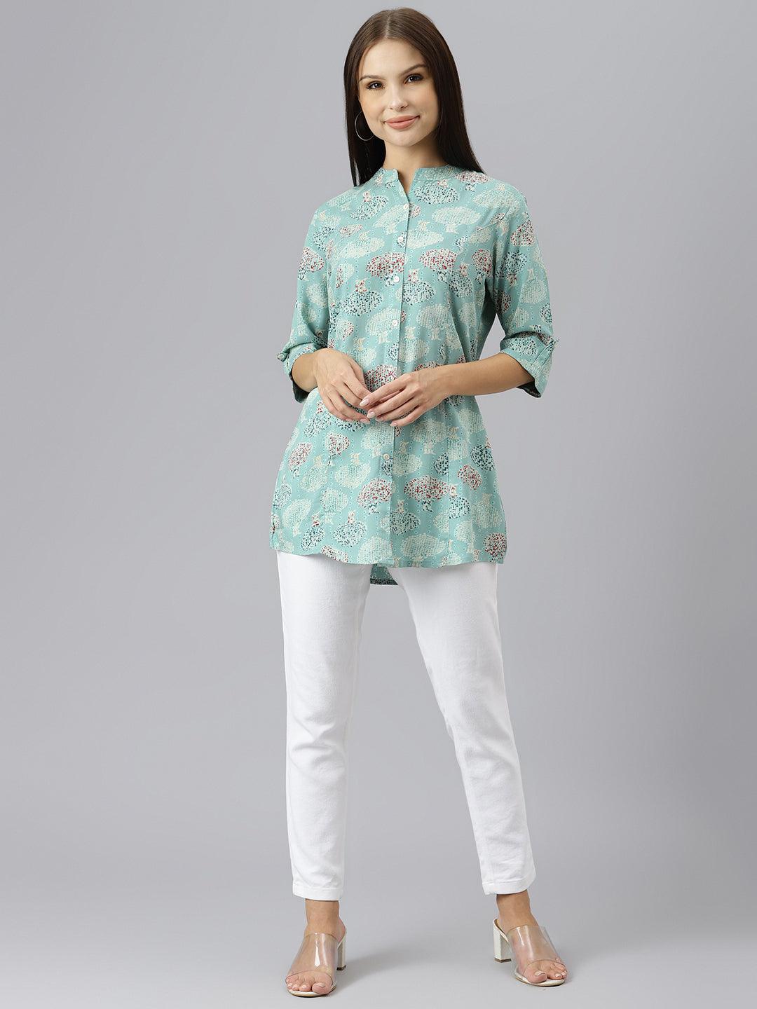 Sea Green Floral Rayon A-Line Shirts Style Top | LASVINI - Redefining Indian Fashion with Elegance