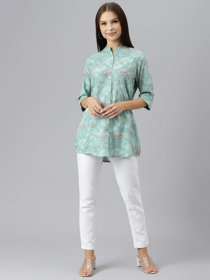 Sea Green Floral Rayon A-Line Shirts Style Top | LASVINI - Redefining Indian Fashion with Elegance