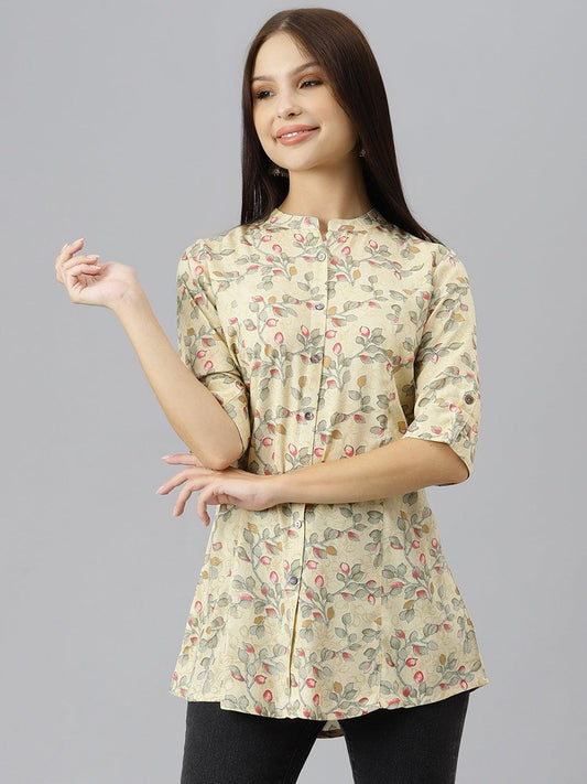 Beige Floral Rayon A-Line Shirts Style Top | LASVINI - Redefining Indian Fashion with Elegance