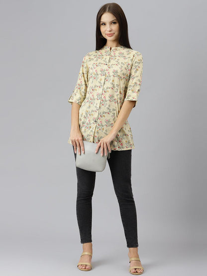 Beige Floral Rayon A-Line Shirts Style Top | LASVINI - Redefining Indian Fashion with Elegance