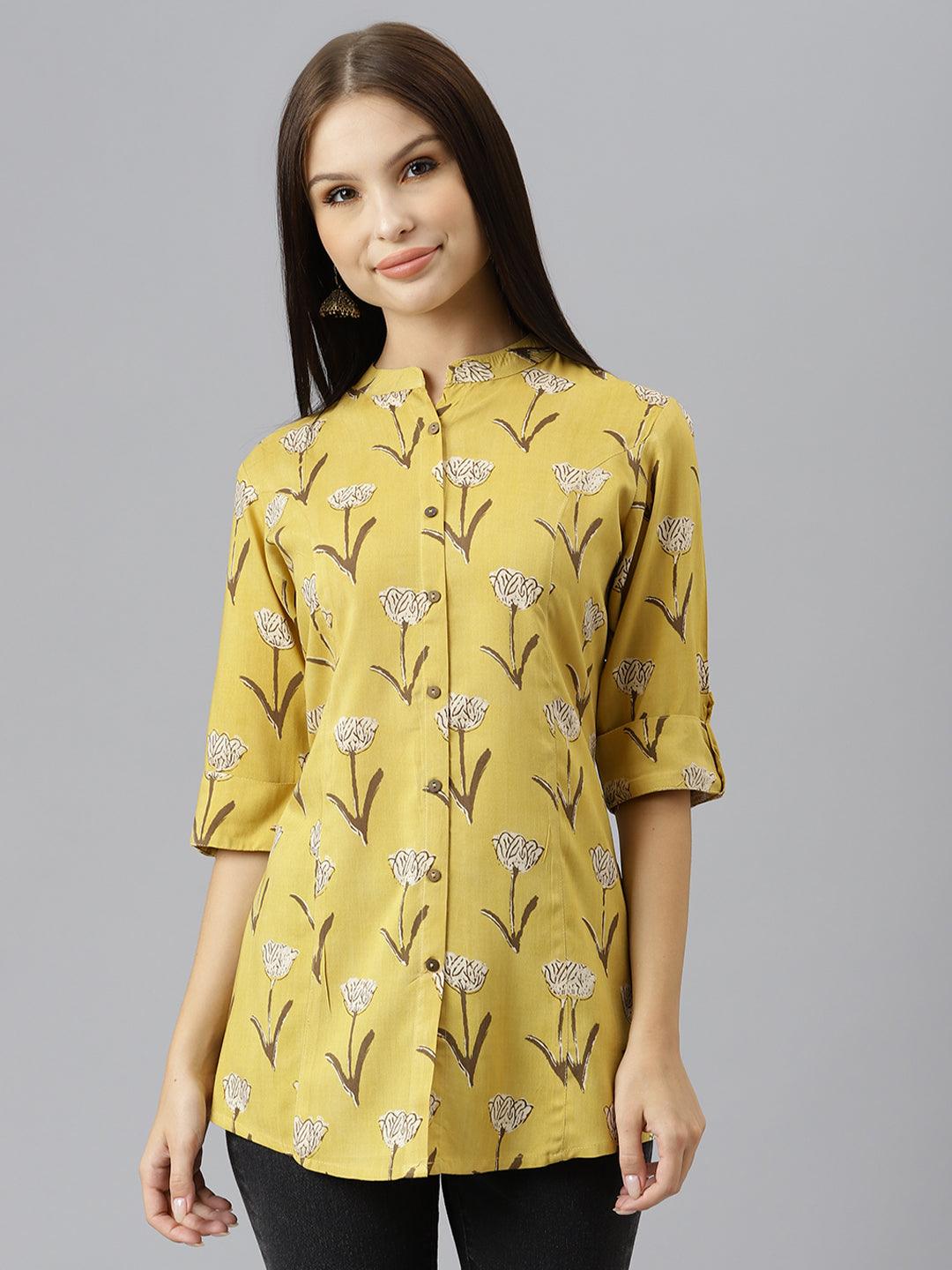 Mustard Floral Rayon A-Line Shirts Style Top | LASVINI - Redefining Indian Fashion with Elegance