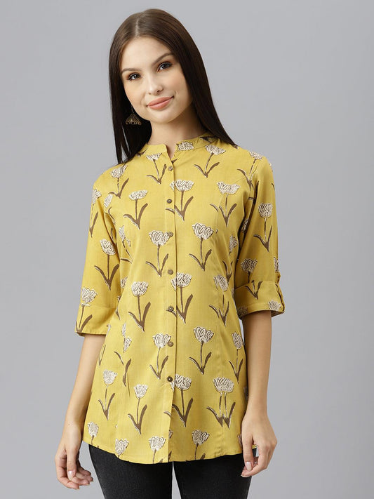 Mustard Floral Rayon A-Line Shirts Style Top | LASVINI - Redefining Indian Fashion with Elegance