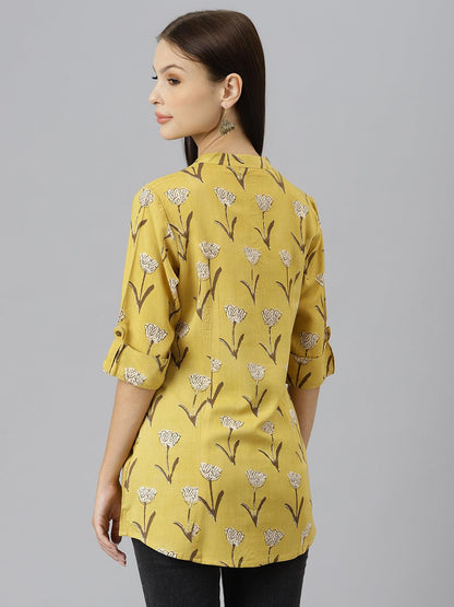 Mustard Floral Rayon A-Line Shirts Style Top | LASVINI - Redefining Indian Fashion with Elegance
