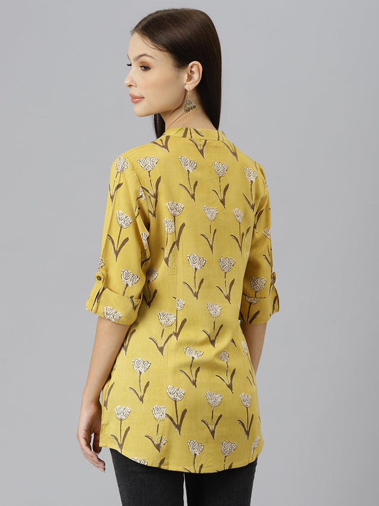 Mustard Floral Rayon A-Line Shirts Style Top | LASVINI - Redefining Indian Fashion with Elegance
