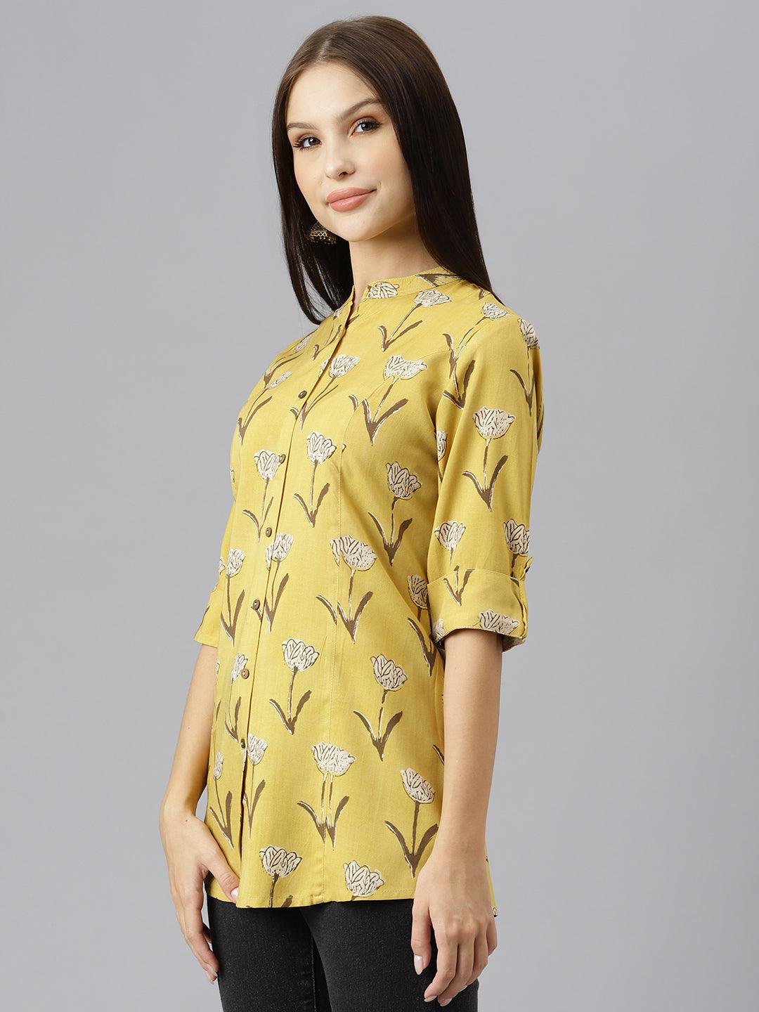 Mustard Floral Rayon A-Line Shirts Style Top | LASVINI - Redefining Indian Fashion with Elegance