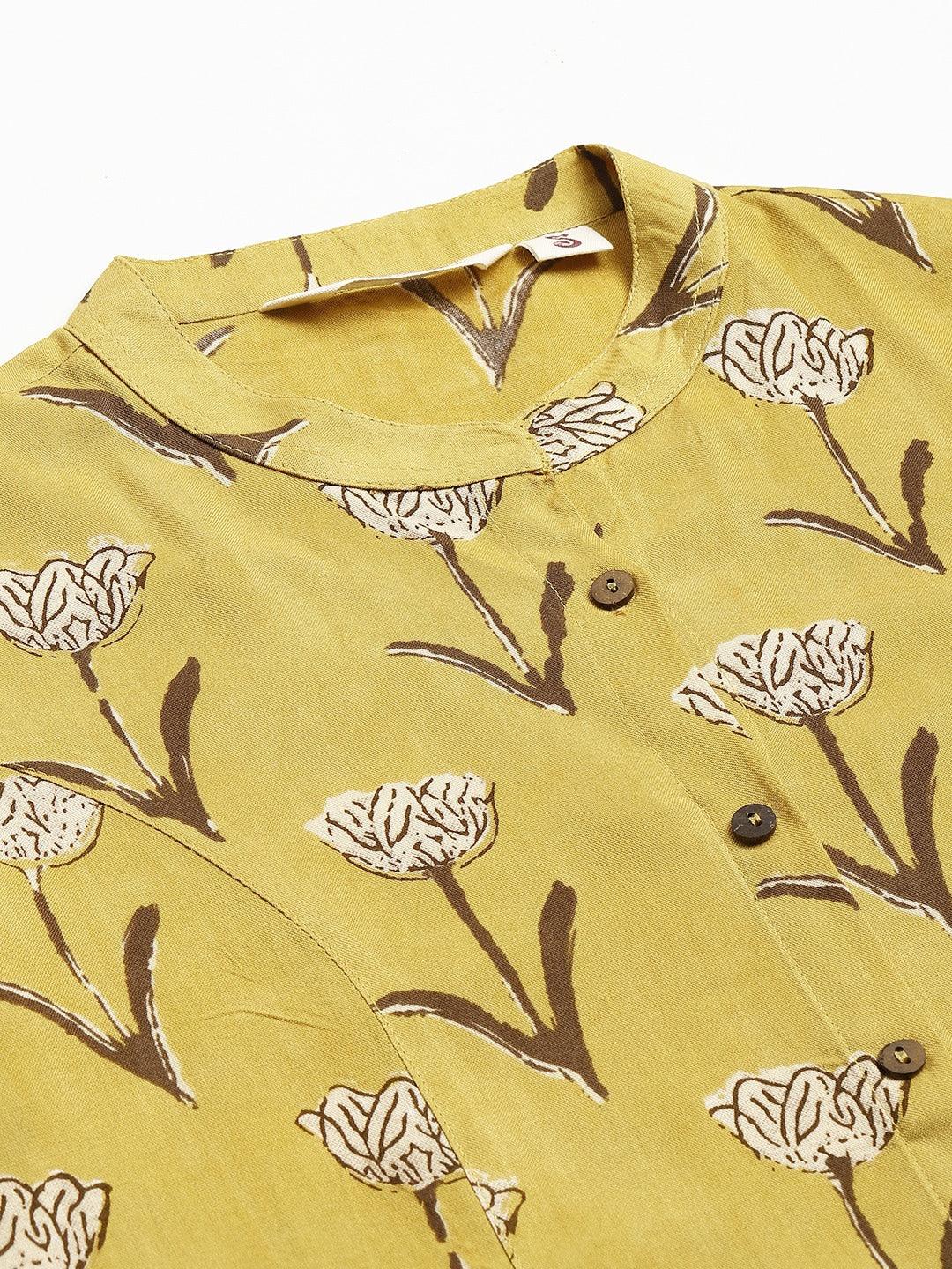 Mustard Floral Rayon A-Line Shirts Style Top | LASVINI - Redefining Indian Fashion with Elegance