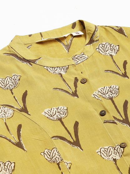 Mustard Floral Rayon A-Line Shirts Style Top | LASVINI - Redefining Indian Fashion with Elegance