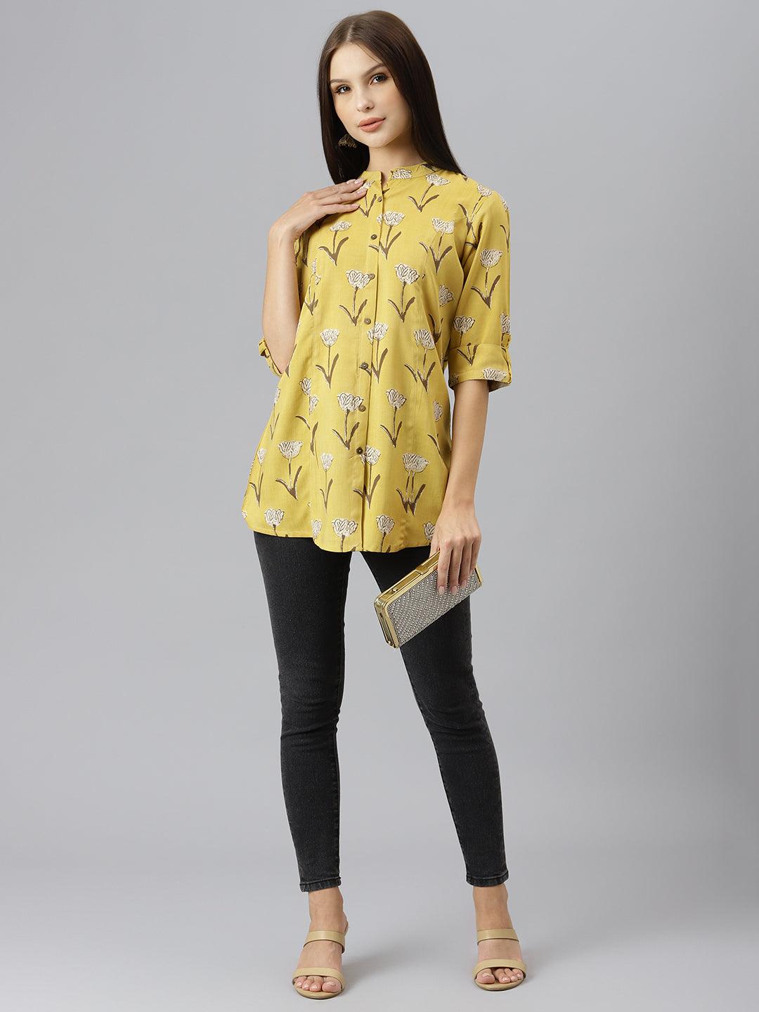 Mustard Floral Rayon A-Line Shirts Style Top | LASVINI - Redefining Indian Fashion with Elegance