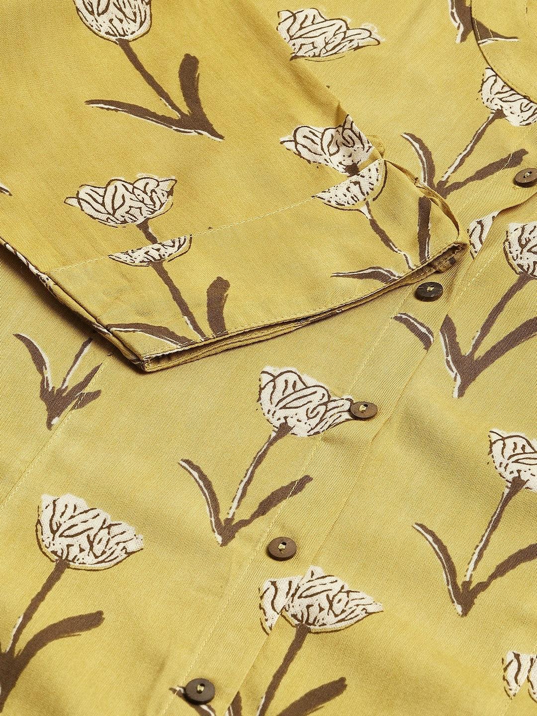 Mustard Floral Rayon A-Line Shirts Style Top | LASVINI - Redefining Indian Fashion with Elegance