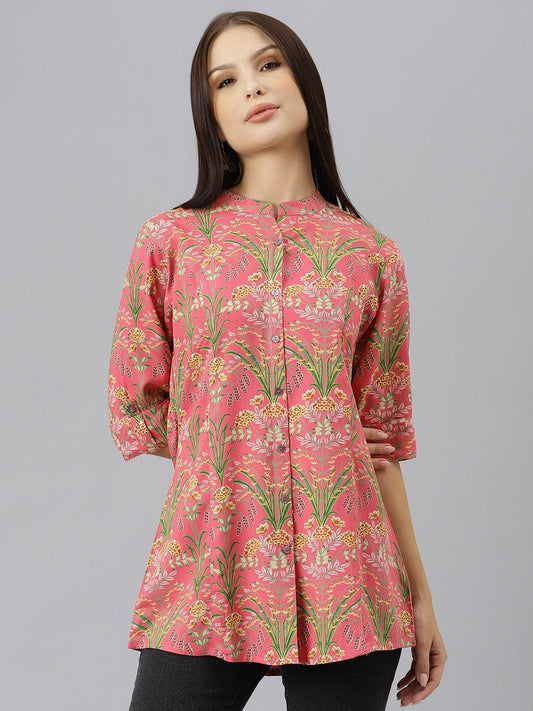 Dark Pink Floral Rayon A-Line Shirts Style Top | LASVINI - Redefining Indian Fashion with Elegance