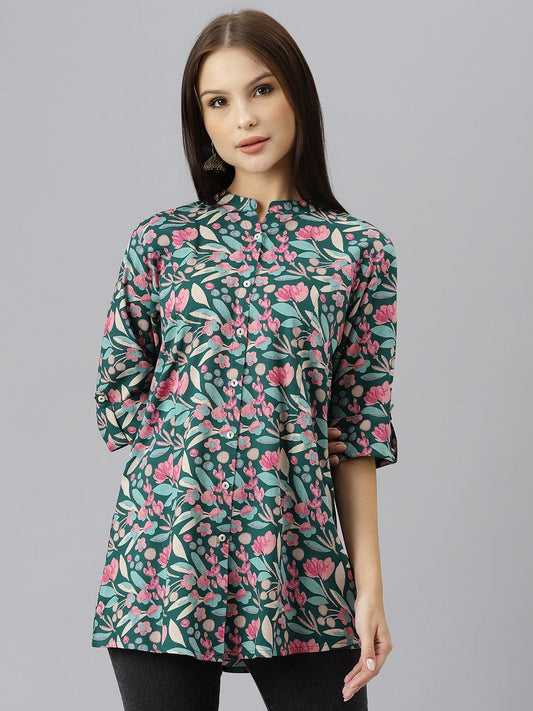 Dark Green Floral Rayon A-Line Shirts Style Top | LASVINI - Redefining Indian Fashion with Elegance