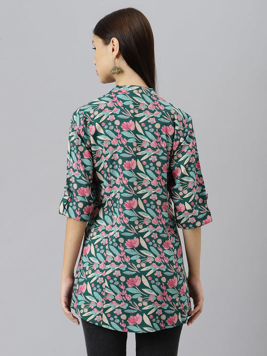 Dark Green Floral Rayon A-Line Shirts Style Top | LASVINI - Redefining Indian Fashion with Elegance