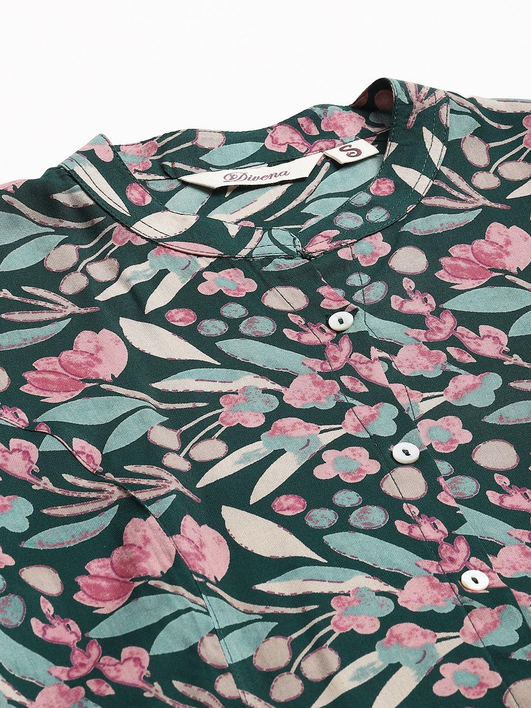 Dark Green Floral Rayon A-Line Shirts Style Top | LASVINI - Redefining Indian Fashion with Elegance