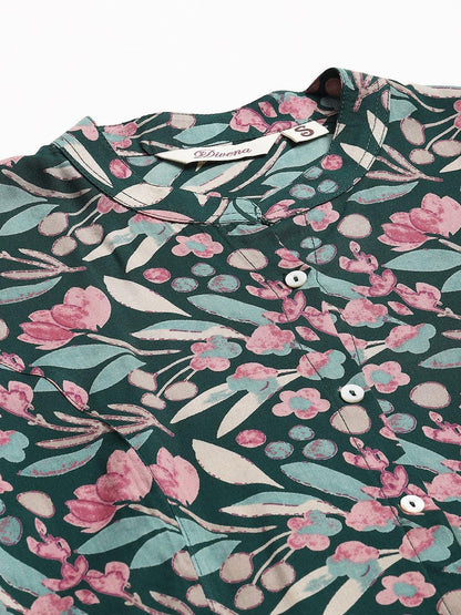 Dark Green Floral Rayon A-Line Shirts Style Top | LASVINI - Redefining Indian Fashion with Elegance